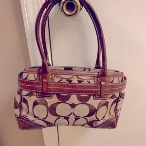 Vintage Signature Coach Bag.Canvas with Leather Handles and Trim.